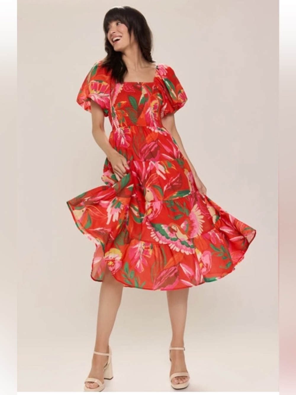 Crystal SkyTropical Floral Parrots Midi Maxi Dress ( FR Farm Rio) Size S Small